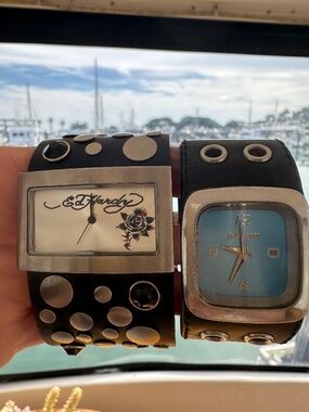 Ed Hardy + Blue Dial Leather Cuff Watch Set